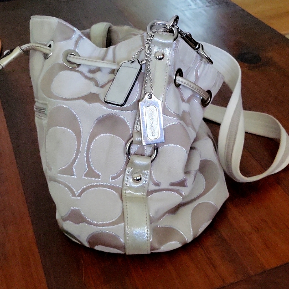 Coach Signature Poppy Drawstring Crossbody Bucket Bag - Tan/Cream - Picture 7 of 11
